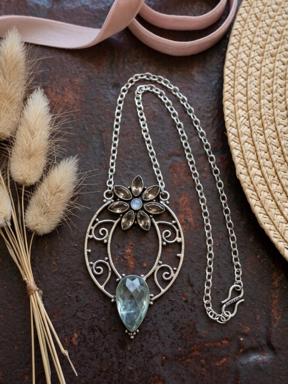 925 Sterling Genuine Morganite Aquamarine Moonstone Filigree Necklace 17.5"